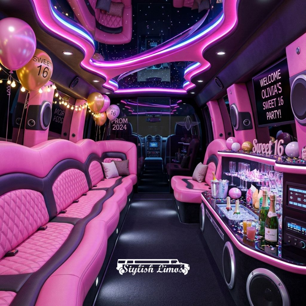 Pink Hummer Limo Rental Oakville interior with LED lighting, leather seating, and premium amenities for parties.