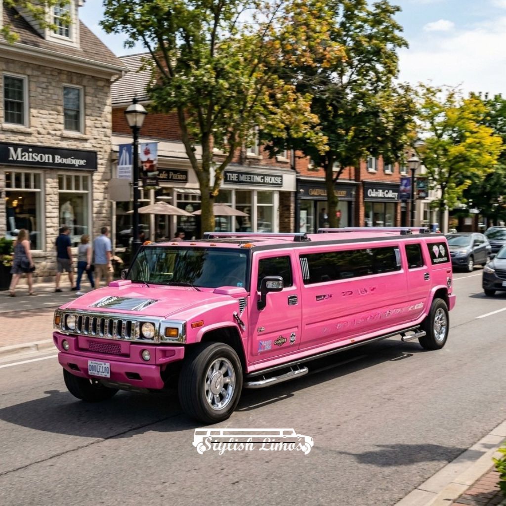 Pink Hummer Limousine Rental Oakville in motion showcasing luxury travel for events and tours.