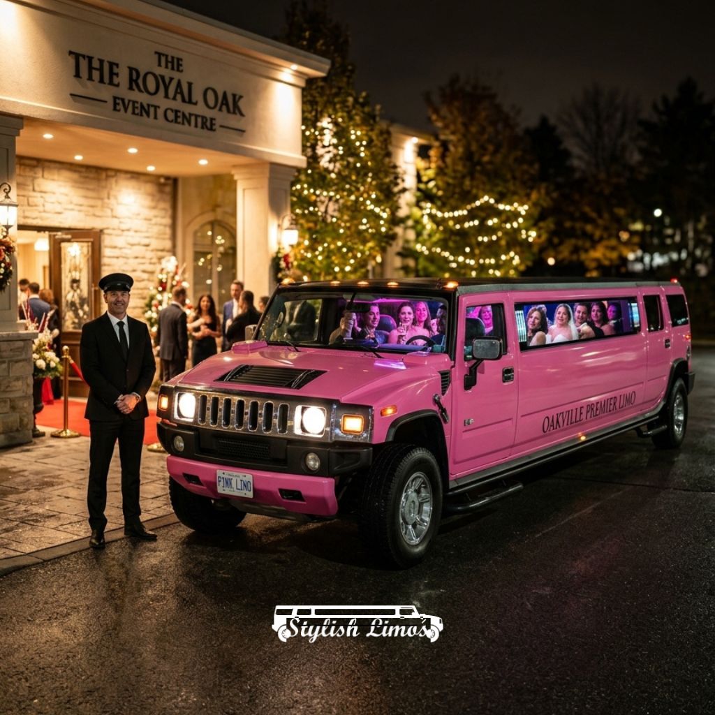 Pink Hummer Stretch Limo Rental Oakville ready for night events with luxury interiors and professional service