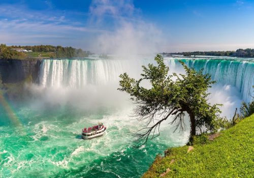 Panorama of Canadian side view of Niagara Falls, Horseshoe Falls and boat tours in Niagara Falls, Ontario, Canada